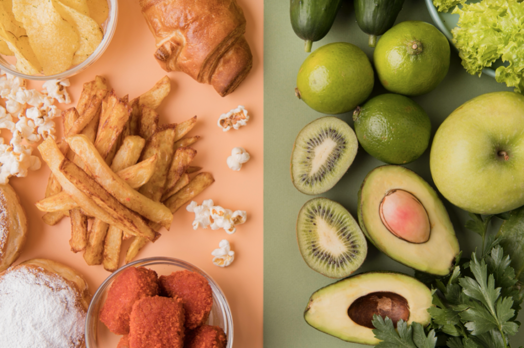 Top view unhealthy food versus healthy food