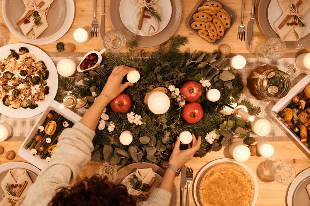 Christmas Dinner with decorations and healthy dishes